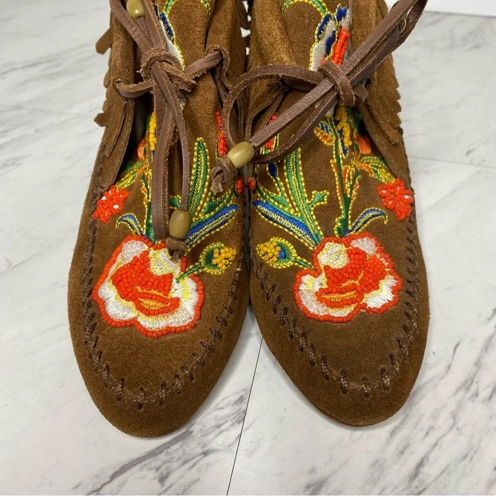 New! Tory Burch Huntington Fringe Brown Leather Heeled Bootie 6M